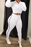 Black Modest Shirred Detail Side Stripe Long Sleeve Dew Waist Tops Pencil Pants Slim Fitting Sets YYF8257-4