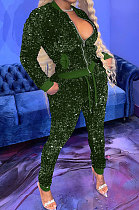 Dark Green Night Club Casual Saquins Long Sleeve Zip Front Coat Trousers Sets YYF8260-3