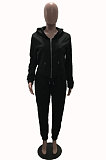 Black Autumn Winter Fat Women Long Sleeve Cardigan Zipper Hoodie Trousers Solid Color Sets YSH86272-1