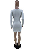 White Sexy Ribber Long Sleeve Low-Cut Collect Waist Solid Color Hip Dress BM7229-1 