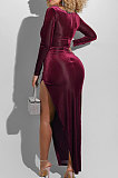 Wine Red Fashion Sexy Velvet Long Sleeve Square Neck For Party High Slits Slim Fitting Dress ZS0428-1