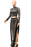 Golden Women Long Sleeve Round Collar Hot Drilling Sexy Side High Split Tassel Skirts Sets CCY9327-3