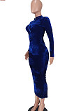 Navy Blue Women Trendy Bodycon Pleuche Solid Color Long Dress ED1078-1