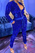 Peacock Blue Night Club Casual Saquins Long Sleeve Zip Front Coat Trousers Sets YYF8260-1