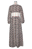 Camel White Sexy Snakeskin Long Sleeve V Neck Hollow Out Collect Waist Long Dress ZS0427-2