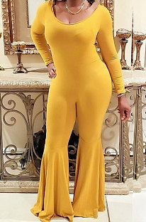Yellow Sexy Cotton Blend Long Sleeve Slim Fitting Solid Color Flare Jumpsuits ZMM9123-1