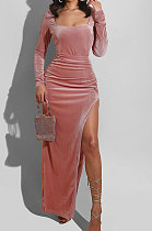 Lotus Pink  Fashion Sexy Velvet Long Sleeve Square Neck For Party High Slits Slim Fitting Dress ZS0428-4