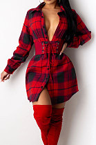 Red Wholesale New Plaid Long Sleeve Lapel Neck Single-Breasted Shirt Dress F88314-1