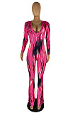Rose Red Wholesale Women Printing Long Sleeve V Neck Collect Waist Flare Jumpsuits ZMM9125-3