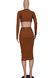 Brown Women Pure Color Bodycon Ribber Hole Long Sleeve Midi Dress ED1080-1