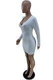 White Sexy Ribber Long Sleeve Low-Cut Collect Waist Solid Color Hip Dress BM7229-1 