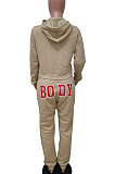 Army Green Women Solid Color Hooded Top Sport Letters Printing Pants Sets LD8796-5