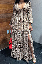 Camel White Sexy Snakeskin Long Sleeve V Neck Hollow Out Collect Waist Long Dress ZS0427-2