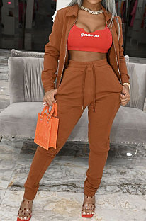 Brown Women Trendy Casual Thin Velvet Pure Color Long Sleeve Cardigan Zipper Pants Sets ED1074-3