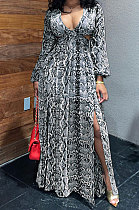 Black White Sexy Snakeskin Long Sleeve V Neck Hollow Out Collect Waist Long Dress ZS0427-1
