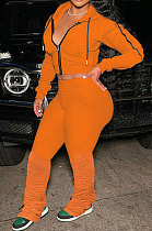 Orange Euramerican Women Autumn Pure Color Zipper Hooded Top Ruffle Pants Sets XQ1146-6