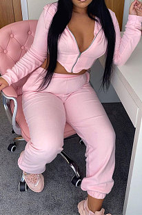 Pink Fashion Suede Long Sleeve Zipper Hoodie High Waist Trousers Plain Color Sport Sets BBN213-1