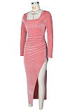 Lotus Pink  Fashion Sexy Velvet Long Sleeve Square Neck For Party High Slits Slim Fitting Dress ZS0428-4