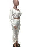 White Women Batwing Sleeve Pure Color Long Sleeve Crop Ruffle Pants Sets LD8768-1