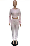 Orange Fashion Suede Long Sleeve Zipper Hoodie High Waist Trousers Plain Color Sport Sets BBN213-3