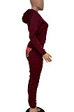 Wine Red Women Solid Color Hooded Top Sport Letters Printing Pants Sets LD8796-6