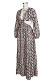 Black White Sexy Snakeskin Long Sleeve V Neck Hollow Out Collect Waist Long Dress ZS0427-1