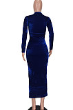 Navy Blue Women Trendy Bodycon Pleuche Solid Color Long Dress ED1078-1