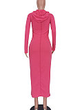 Lotus Pink Women Fashion Long Sleeve Solid Color Cotton Hooded Mid Waist Long Dress ED1073-3