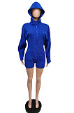 Royal Blue  Pure And Fresh Casual Polar Fleece Long Sleeve Hoodie Living At Home Romper Shorts F88397-2