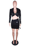 Black Night Club PU Leather Halter Neck Strapless &Samll Jacket Coat Drawsting Hip Skirts Plain Color Three Piece BS1294-1