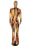 Orange Wholesale Women Printing Long Sleeve V Neck Collect Waist Flare Jumpsuits ZMM9125-1