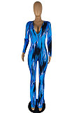 Blue Wholesale Women Printing Long Sleeve V Neck Collect Waist Flare Jumpsuits ZMM9125-2