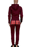 Wine Red Women Solid Color Hooded Top Sport Letters Printing Pants Sets LD8796-6