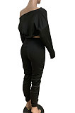 Black Women Batwing Sleeve Pure Color Long Sleeve Crop Ruffle Pants Sets LD8768-4