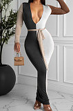 Violet Sexy Matching Color Long Sleeve Deep V Collar With Beltband Slim Fitting Long Dress LY048-2
