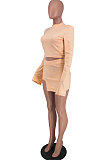 White Fashion New Women's Long Sleeve O Collar Tops Split Skirts Solid Color Sets LY050-1