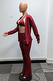 Wine Red Sexy Ribber Cotton Strapless&Cardigan Coat Flare Pants Slim Fitting Three Piece H1756