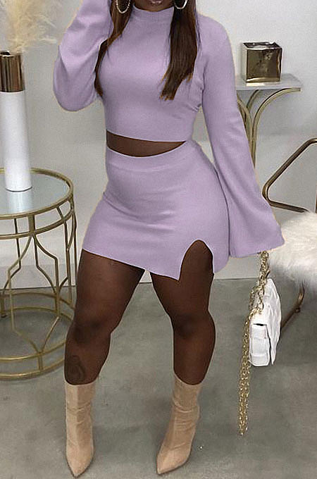 Light Purple Fashion New Women's Long Sleeve O Collar Tops Split Skirts Solid Color Sets LY050-3