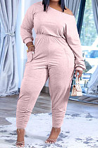 Pink Fashion Preppy Cotton Long Sleeve Oblique Shoulder Loose Tops Skinny Pants Casual Sets H1743-5