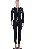 SUPER WHOLESALE | Dark Green Wholesale Sports Women Long Sleeve Zipper Hoodie Bodycon Pants Solid Color Sets LML273-7