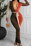 Green Sexy Matching Color Long Sleeve Deep V Collar With Beltband Slim Fitting Long Dress LY048-1