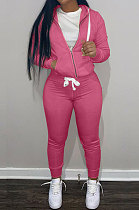 SUPER WHOLESALE | Rose Red Wholesale Sports Women Long Sleeve Zipper Hoodie Bodycon Pants Solid Color Sets LML273-8