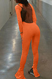 Orange Luxe Casual Cotton Blend Long Sleeve U Neck Backless Collect Waist Jumpsuits DN8636-3