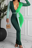 White Sexy Matching Color Long Sleeve Deep V Collar With Beltband Slim Fitting Long Dress LY048-3