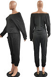 Black Fashion Preppy Cotton Long Sleeve Oblique Shoulder Loose Tops Skinny Pants Casual Sets H1743-3