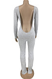 White Grey Luxe Casual Cotton Blend Long Sleeve U Neck Backless Collect Waist Jumpsuits DN8636-2