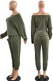 Light Green Fashion Preppy Cotton Long Sleeve Oblique Shoulder Loose Tops Skinny Pants Casual Sets H1743-7