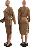 Yellow Simple Women,s Preppy Long Sleeve Loose Tops High Waist Wrap Skirts Plain Color Tassel Sets H1750-2