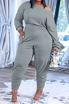 Light Grey Fashion Preppy Cotton Long Sleeve Oblique Shoulder Loose Tops Skinny Pants Casual Sets H1743-8