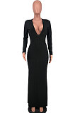 Black Sexy Women's Ribber Long Sleeve Deep V Neck Collect Waist Plain Color For Party Maix Dress LY051-2